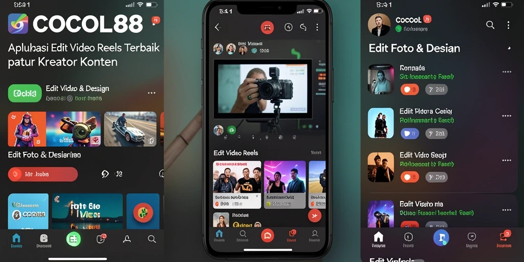 Antarmuka pengguna COCOL88 dengan berbagai fitur Edit Video Reels.